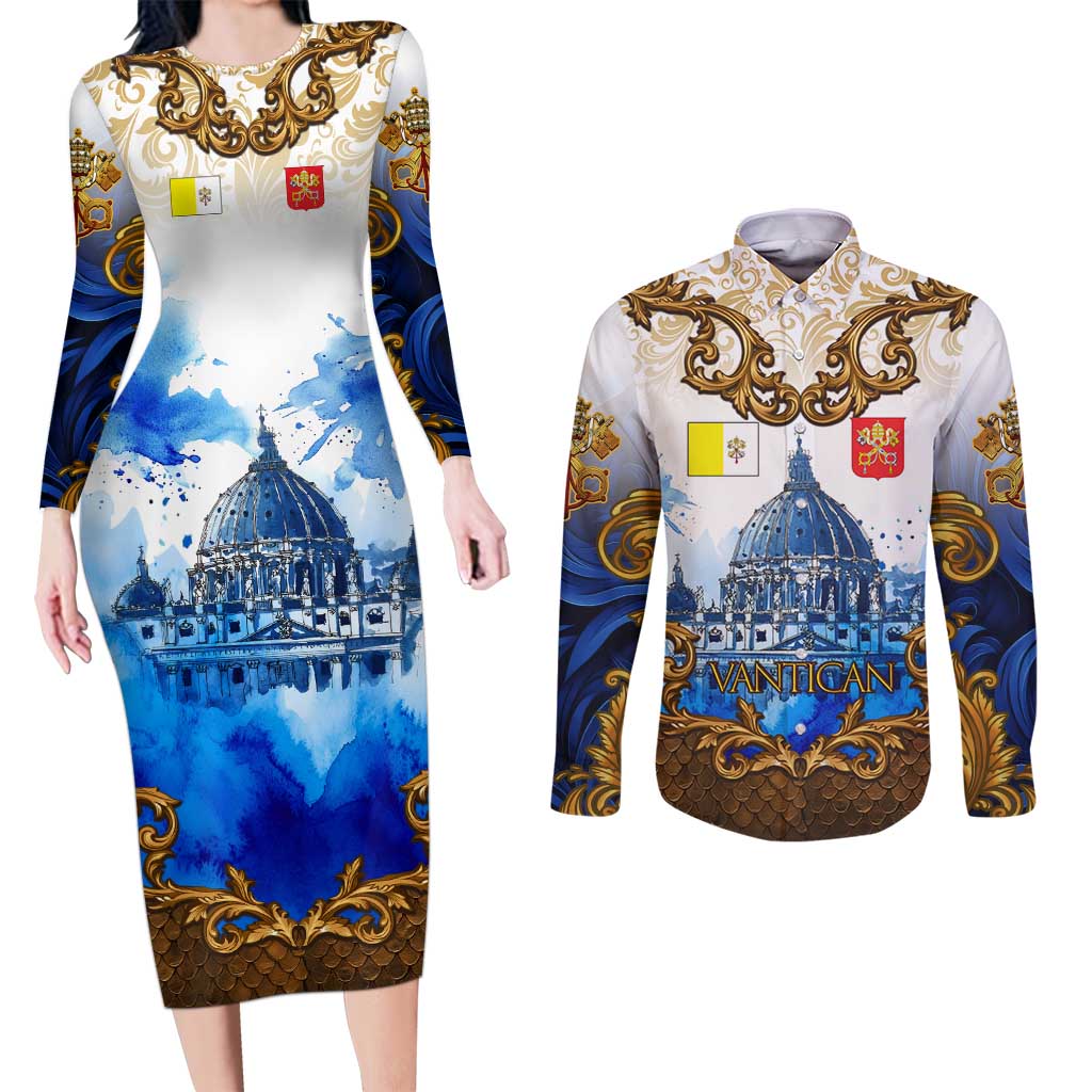 Vatican Baroque Couples Matching Long Sleeve Bodycon Dress and Long Sleeve Button Shirt St. Peter’s Basilica & Catholic Flag Gold Ornate