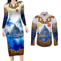 Vatican Baroque Couples Matching Long Sleeve Bodycon Dress and Long Sleeve Button Shirt St. Peter’s Basilica & Catholic Flag Gold Ornate
