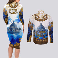 Vatican Baroque Couples Matching Long Sleeve Bodycon Dress and Long Sleeve Button Shirt St. Peter’s Basilica & Catholic Flag Gold Ornate