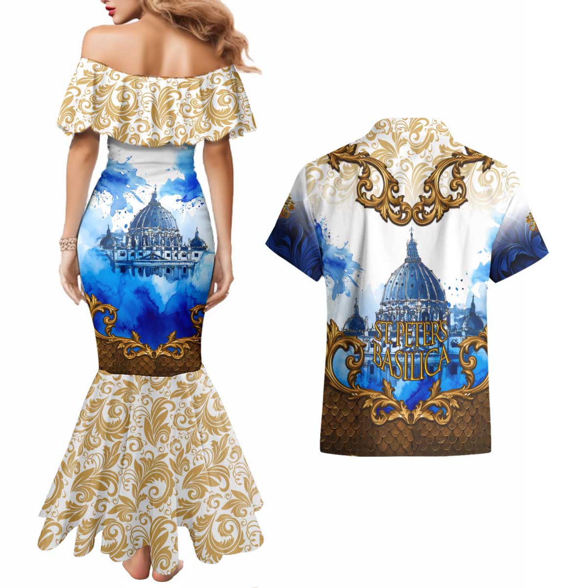 Vatican Baroque Couples Matching Mermaid Dress and Hawaiian Shirt St. Peter’s Basilica & Catholic Flag Gold Ornate
