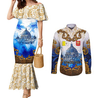 Vatican Baroque Couples Matching Mermaid Dress and Long Sleeve Button Shirt St. Peter’s Basilica & Catholic Flag Gold Ornate