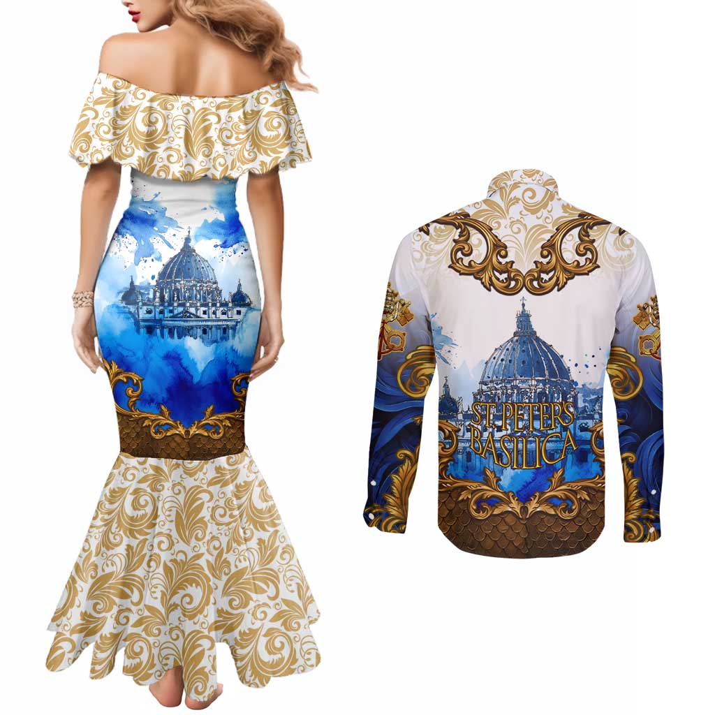 Vatican Baroque Couples Matching Mermaid Dress and Long Sleeve Button Shirt St. Peter’s Basilica & Catholic Flag Gold Ornate