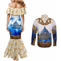 Vatican Baroque Couples Matching Mermaid Dress and Long Sleeve Button Shirt St. Peter’s Basilica & Catholic Flag Gold Ornate