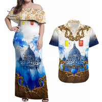 Vatican Baroque Couples Matching Off Shoulder Maxi Dress and Hawaiian Shirt St. Peter’s Basilica & Catholic Flag Gold Ornate