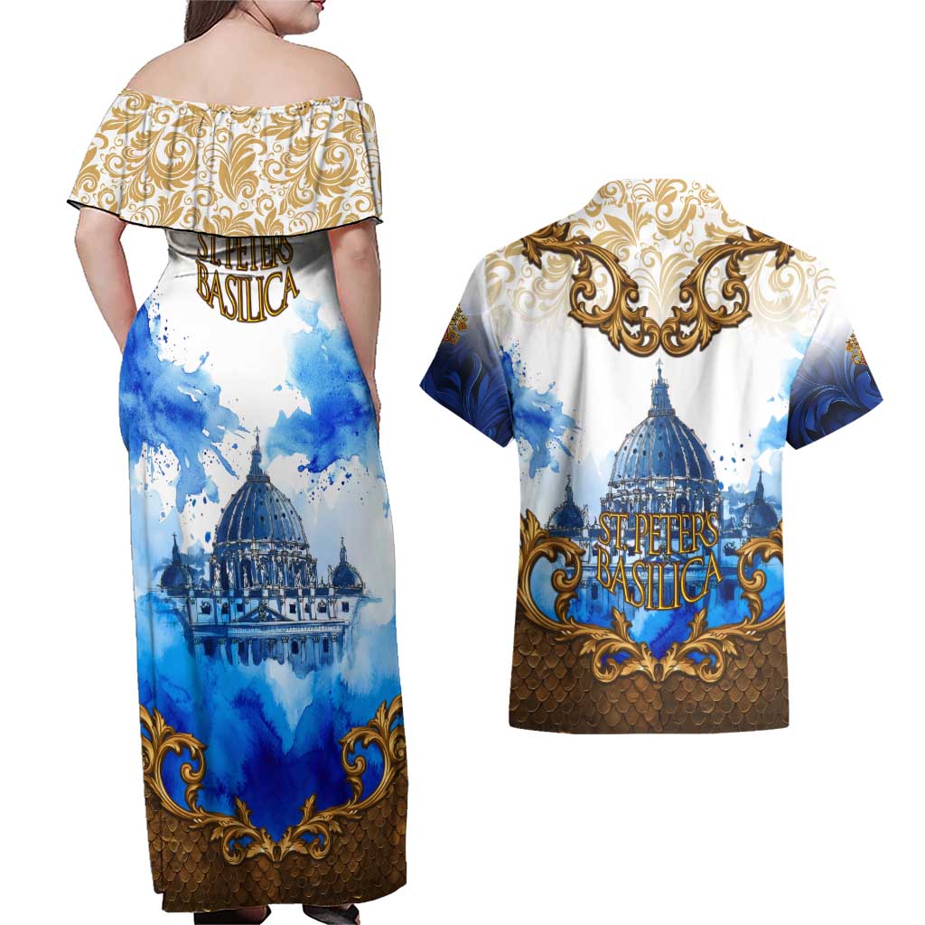 Vatican Baroque Couples Matching Off Shoulder Maxi Dress and Hawaiian Shirt St. Peter’s Basilica & Catholic Flag Gold Ornate