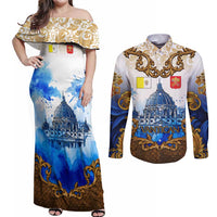 Vatican Baroque Couples Matching Off Shoulder Maxi Dress and Long Sleeve Button Shirt St. Peter’s Basilica & Catholic Flag Gold Ornate