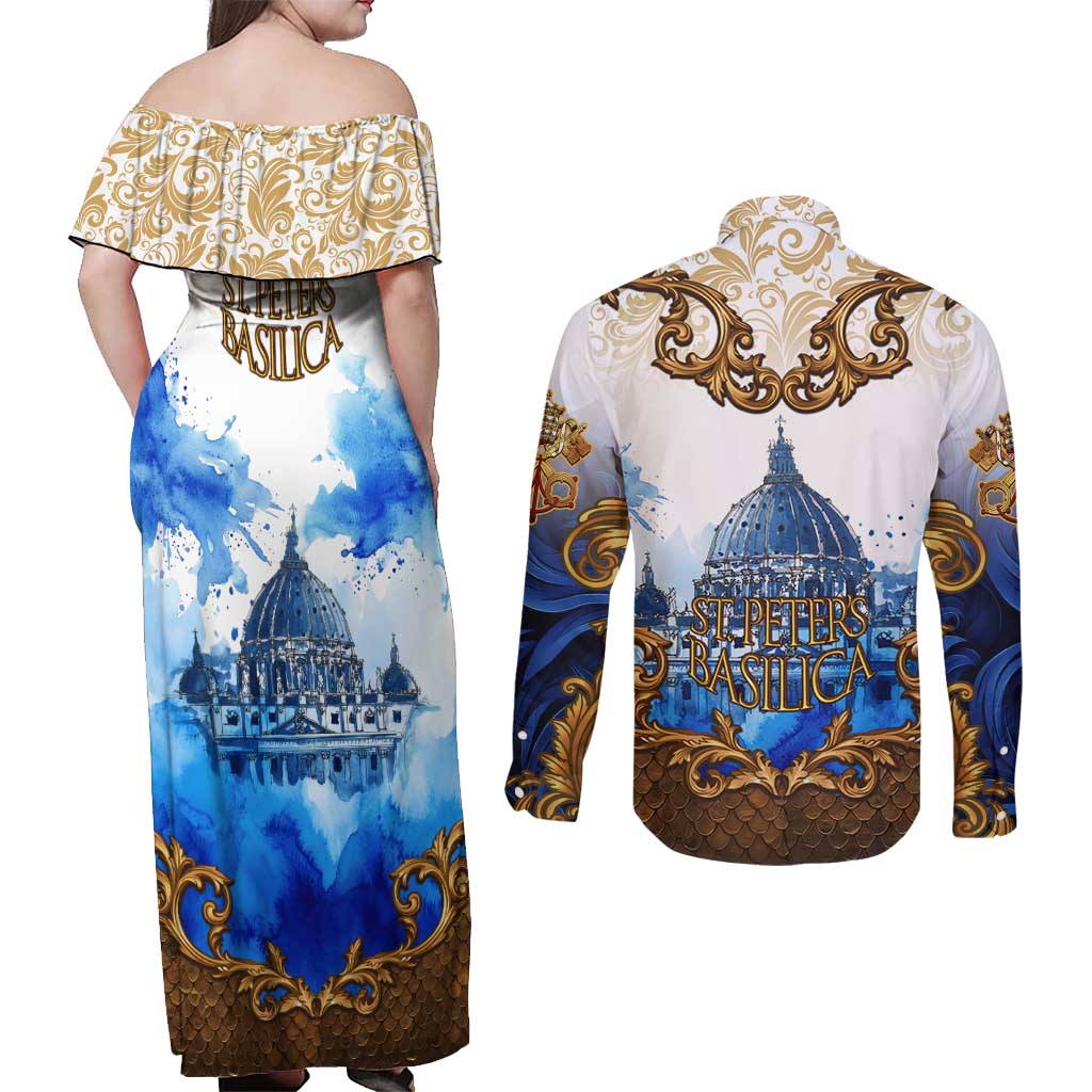 Vatican Baroque Couples Matching Off Shoulder Maxi Dress and Long Sleeve Button Shirt St. Peter’s Basilica & Catholic Flag Gold Ornate