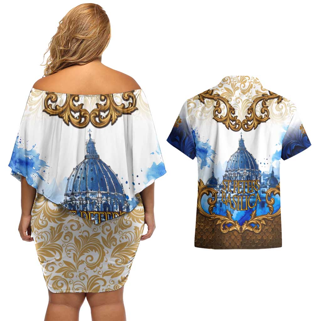 Vatican Baroque Couples Matching Off Shoulder Short Dress and Hawaiian Shirt St. Peter’s Basilica & Catholic Flag Gold Ornate