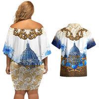 Vatican Baroque Couples Matching Off Shoulder Short Dress and Hawaiian Shirt St. Peter’s Basilica & Catholic Flag Gold Ornate