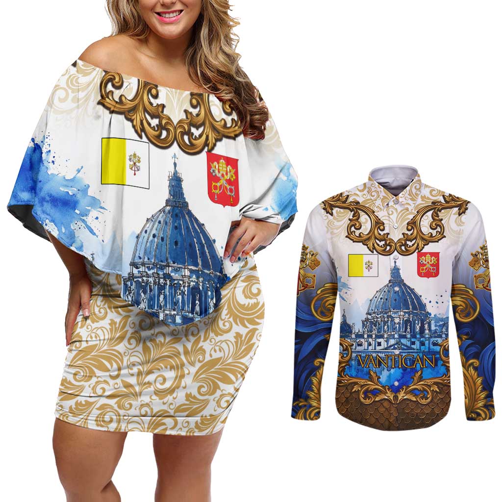 Vatican Baroque Couples Matching Off Shoulder Short Dress and Long Sleeve Button Shirt St. Peter’s Basilica & Catholic Flag Gold Ornate