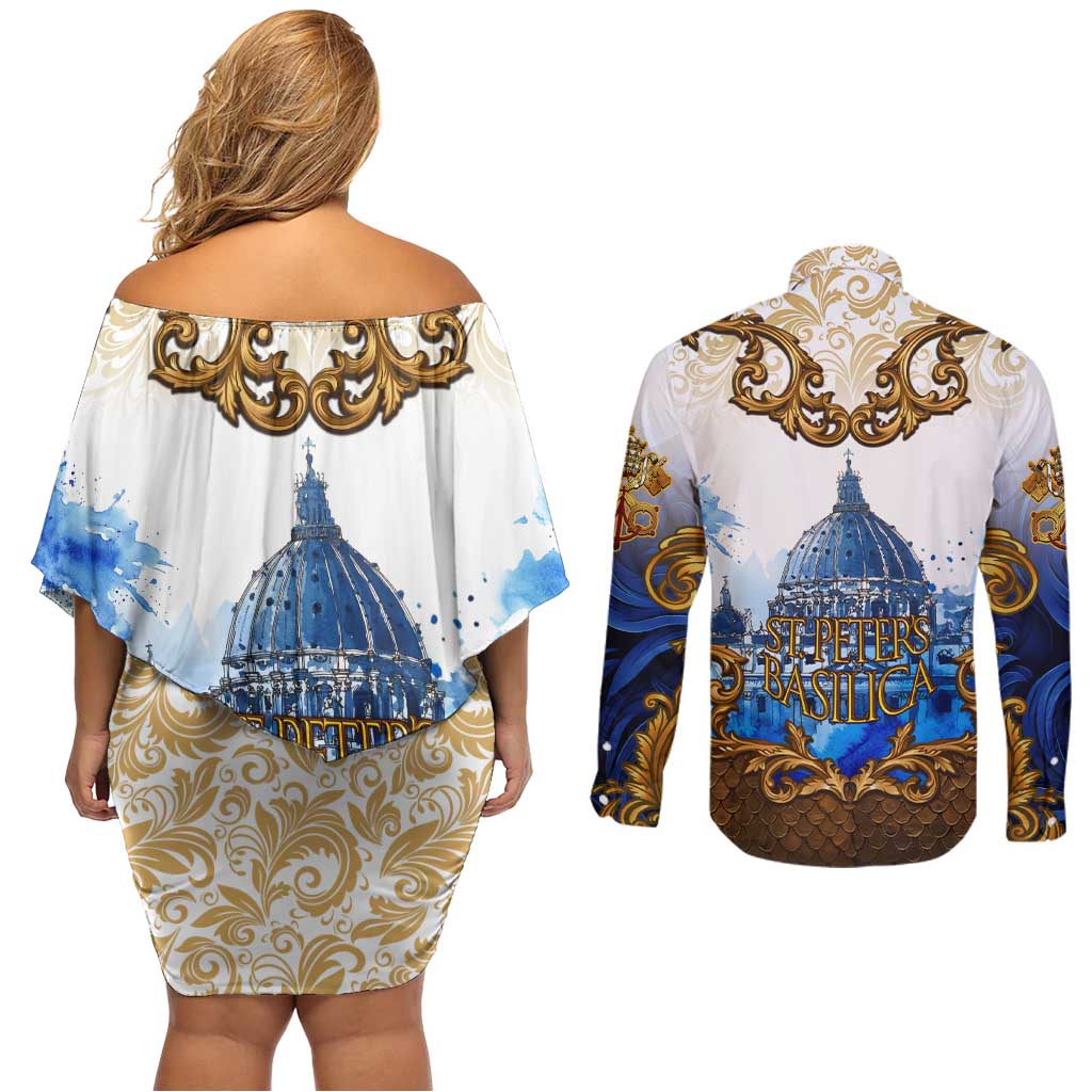 Vatican Baroque Couples Matching Off Shoulder Short Dress and Long Sleeve Button Shirt St. Peter’s Basilica & Catholic Flag Gold Ornate