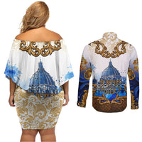 Vatican Baroque Couples Matching Off Shoulder Short Dress and Long Sleeve Button Shirt St. Peter’s Basilica & Catholic Flag Gold Ornate