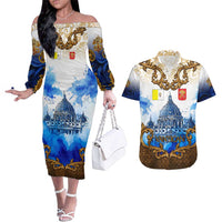 Vatican Baroque Couples Matching Off The Shoulder Long Sleeve Dress and Hawaiian Shirt St. Peter’s Basilica & Catholic Flag Gold Ornate