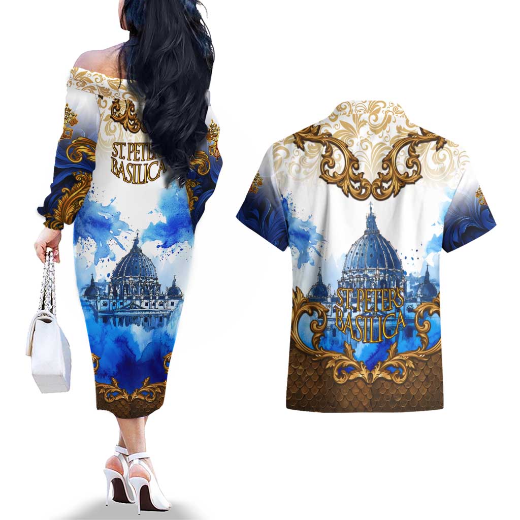 Vatican Baroque Couples Matching Off The Shoulder Long Sleeve Dress and Hawaiian Shirt St. Peter’s Basilica & Catholic Flag Gold Ornate