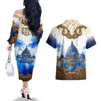 Vatican Baroque Couples Matching Off The Shoulder Long Sleeve Dress and Hawaiian Shirt St. Peter’s Basilica & Catholic Flag Gold Ornate