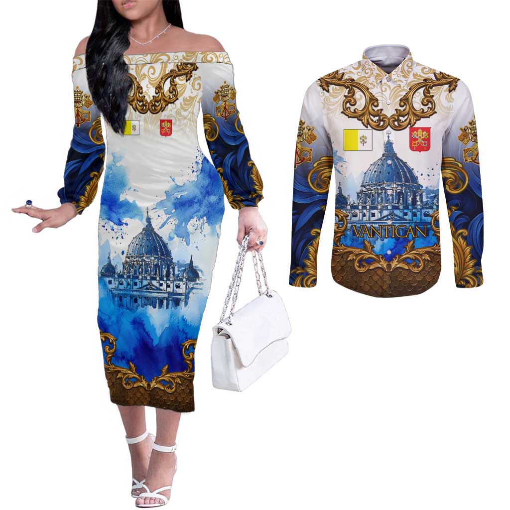 Vatican Baroque Couples Matching Off The Shoulder Long Sleeve Dress and Long Sleeve Button Shirt St. Peter’s Basilica & Catholic Flag Gold Ornate