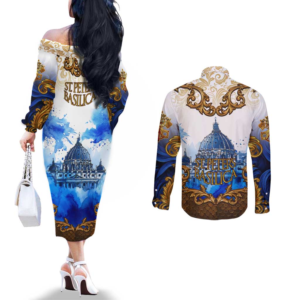 Vatican Baroque Couples Matching Off The Shoulder Long Sleeve Dress and Long Sleeve Button Shirt St. Peter’s Basilica & Catholic Flag Gold Ornate