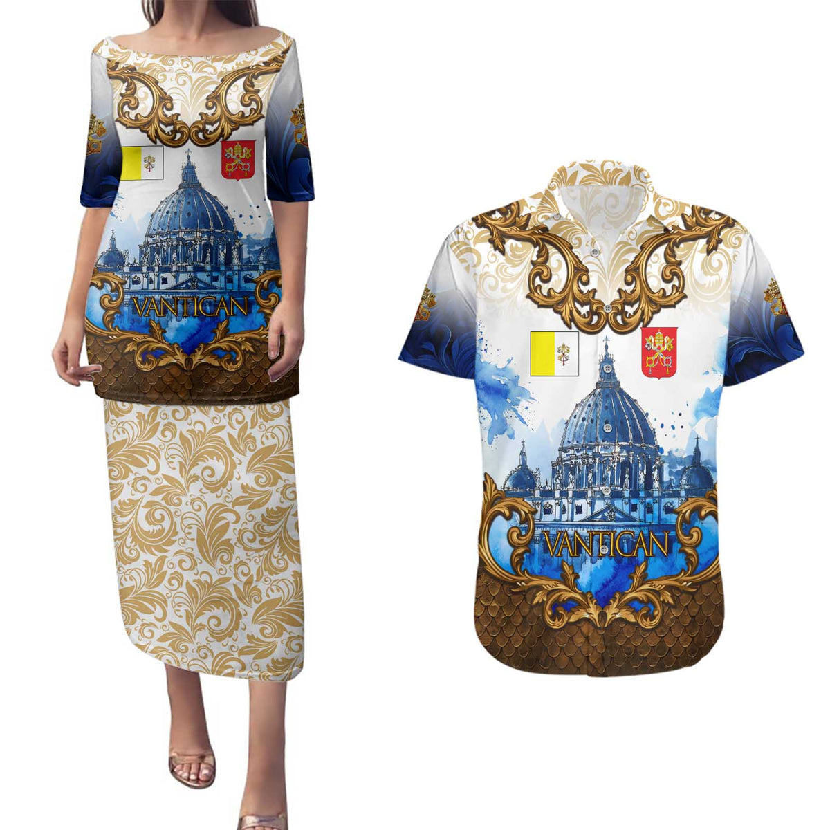 Vatican Baroque Couples Matching Puletasi and Hawaiian Shirt St. Peter’s Basilica & Catholic Flag Gold Ornate