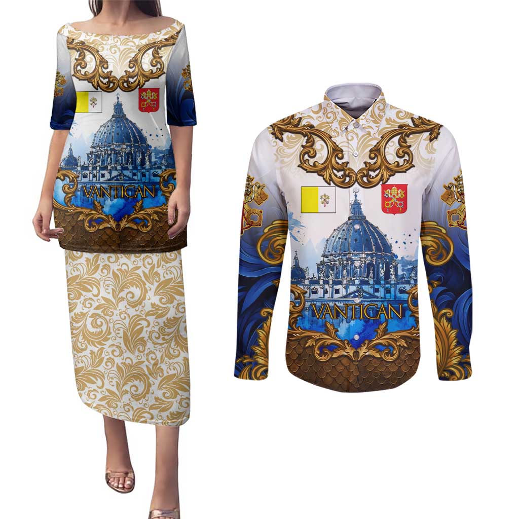 Vatican Baroque Couples Matching Puletasi and Long Sleeve Button Shirt St. Peter’s Basilica & Catholic Flag Gold Ornate