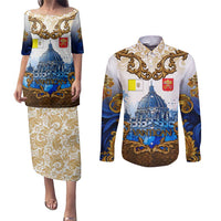 Vatican Baroque Couples Matching Puletasi and Long Sleeve Button Shirt St. Peter’s Basilica & Catholic Flag Gold Ornate