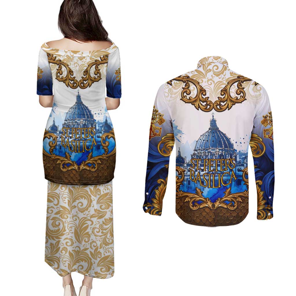 Vatican Baroque Couples Matching Puletasi and Long Sleeve Button Shirt St. Peter’s Basilica & Catholic Flag Gold Ornate