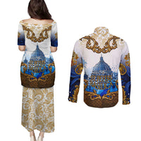 Vatican Baroque Couples Matching Puletasi and Long Sleeve Button Shirt St. Peter’s Basilica & Catholic Flag Gold Ornate