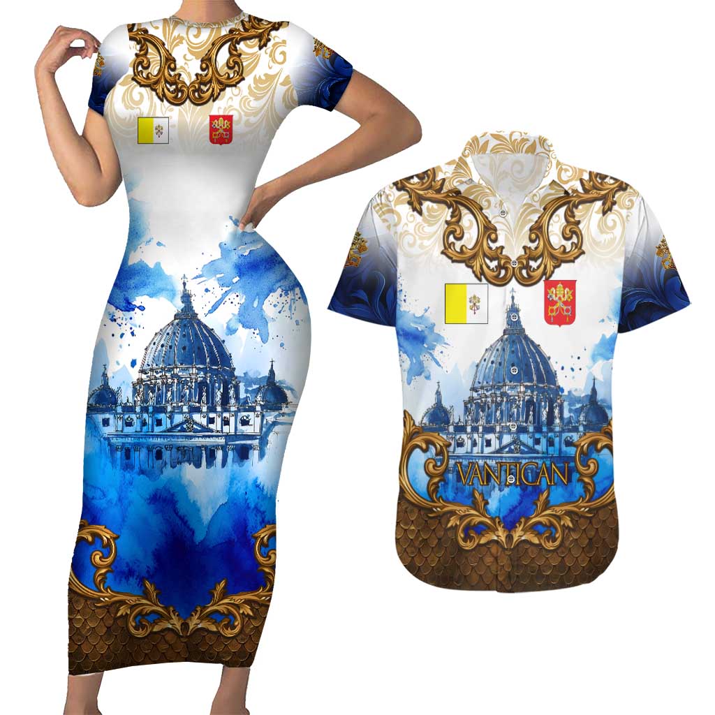Vatican Baroque Couples Matching Short Sleeve Bodycon Dress and Hawaiian Shirt St. Peter’s Basilica & Catholic Flag Gold Ornate