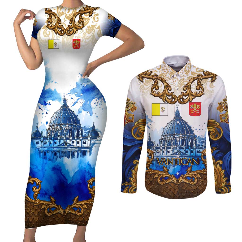 Vatican Baroque Couples Matching Short Sleeve Bodycon Dress and Long Sleeve Button Shirt St. Peter’s Basilica & Catholic Flag Gold Ornate