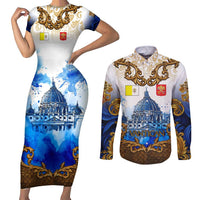 Vatican Baroque Couples Matching Short Sleeve Bodycon Dress and Long Sleeve Button Shirt St. Peter’s Basilica & Catholic Flag Gold Ornate