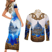 Vatican Baroque Couples Matching Short Sleeve Bodycon Dress and Long Sleeve Button Shirt St. Peter’s Basilica & Catholic Flag Gold Ornate