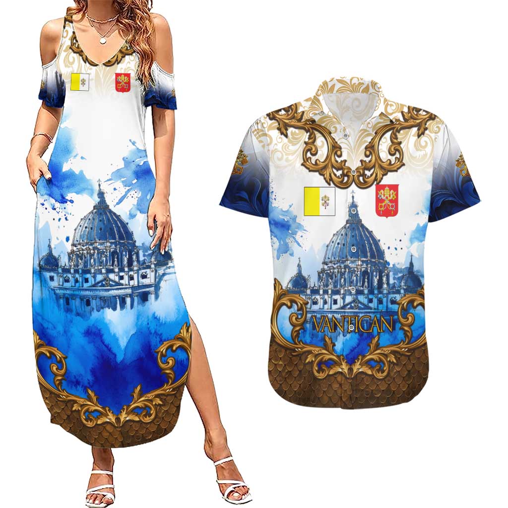 Vatican Baroque Couples Matching Summer Maxi Dress and Hawaiian Shirt St. Peter’s Basilica & Catholic Flag Gold Ornate