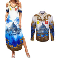 Vatican Baroque Couples Matching Summer Maxi Dress and Long Sleeve Button Shirt St. Peter’s Basilica & Catholic Flag Gold Ornate