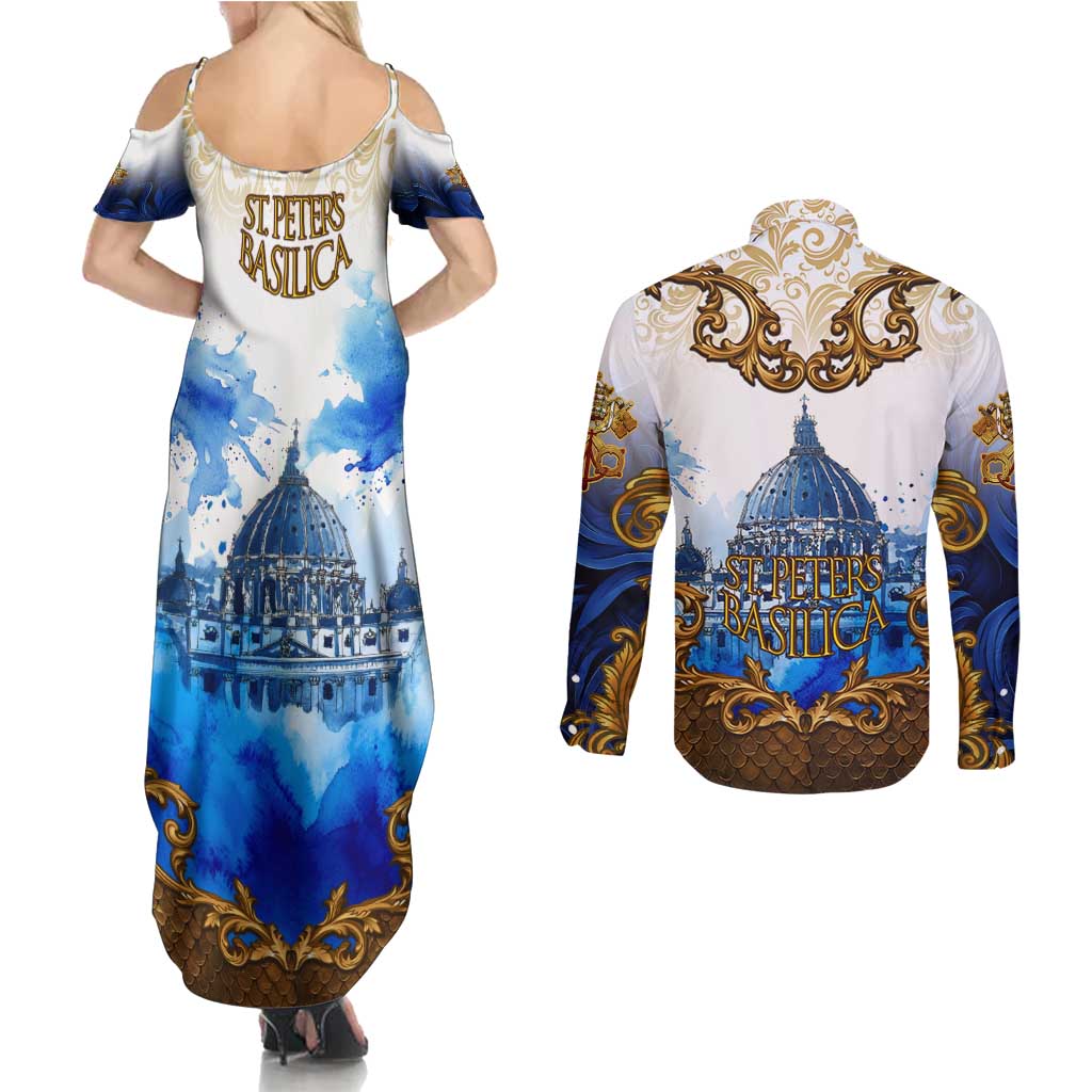 Vatican Baroque Couples Matching Summer Maxi Dress and Long Sleeve Button Shirt St. Peter’s Basilica & Catholic Flag Gold Ornate