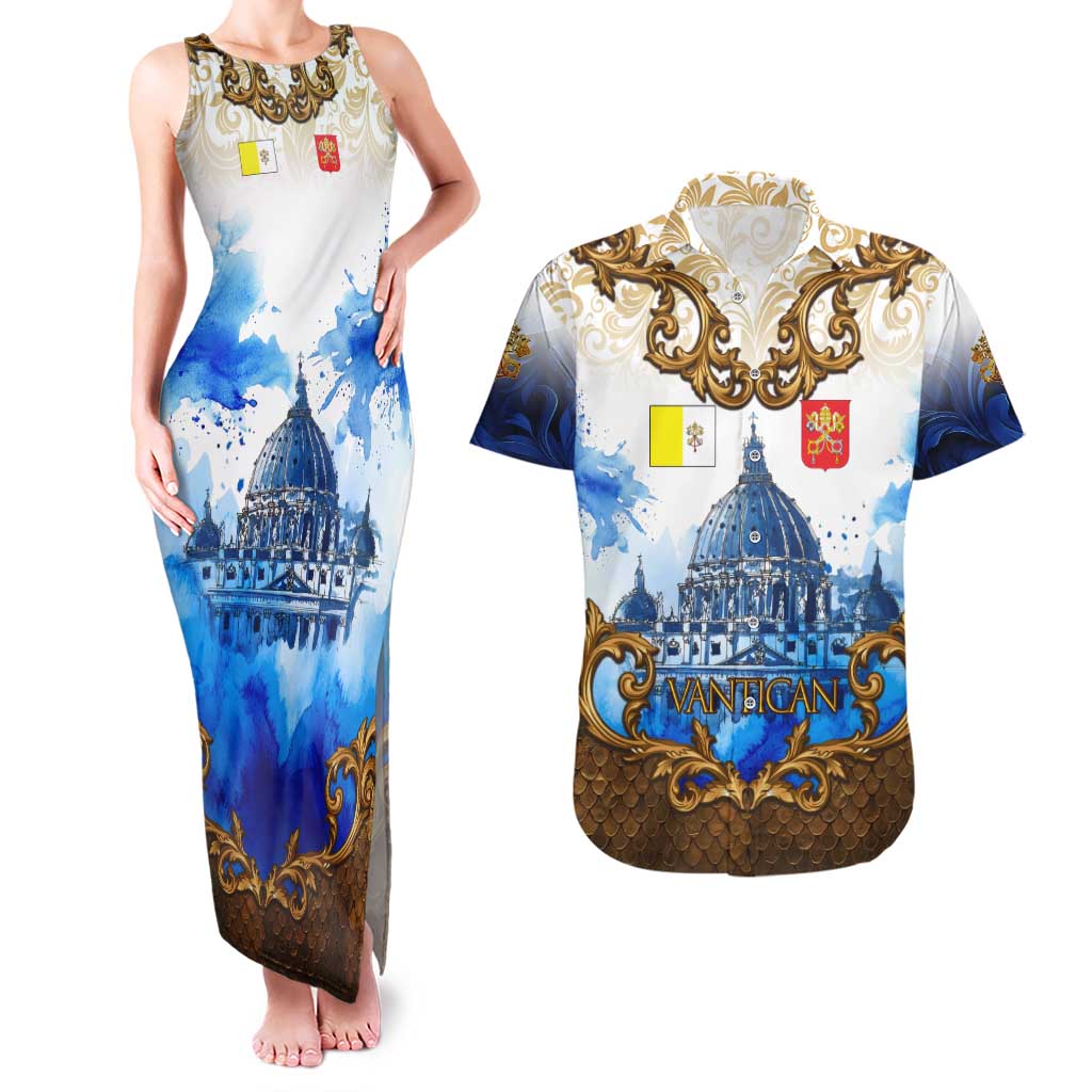 Vatican Baroque Couples Matching Tank Maxi Dress and Hawaiian Shirt St. Peter’s Basilica & Catholic Flag Gold Ornate