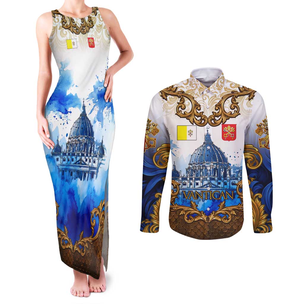 Vatican Baroque Couples Matching Tank Maxi Dress and Long Sleeve Button Shirt St. Peter’s Basilica & Catholic Flag Gold Ornate
