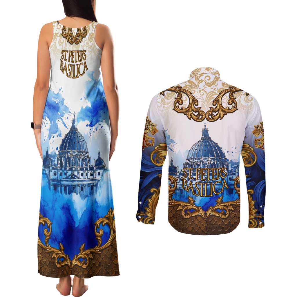 Vatican Baroque Couples Matching Tank Maxi Dress and Long Sleeve Button Shirt St. Peter’s Basilica & Catholic Flag Gold Ornate