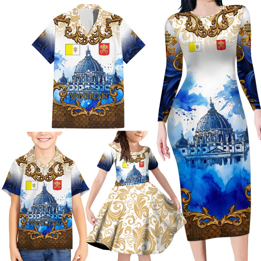 Vatican Baroque Family Matching Long Sleeve Bodycon Dress and Hawaiian Shirt St. Peter’s Basilica & Catholic Flag Gold Ornate