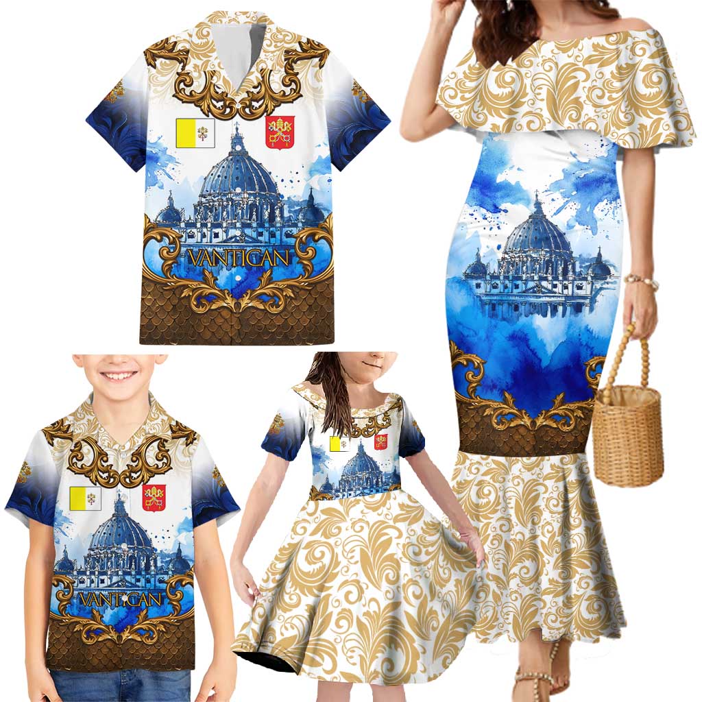 Vatican Baroque Family Matching Mermaid Dress and Hawaiian Shirt St. Peter’s Basilica & Catholic Flag Gold Ornate