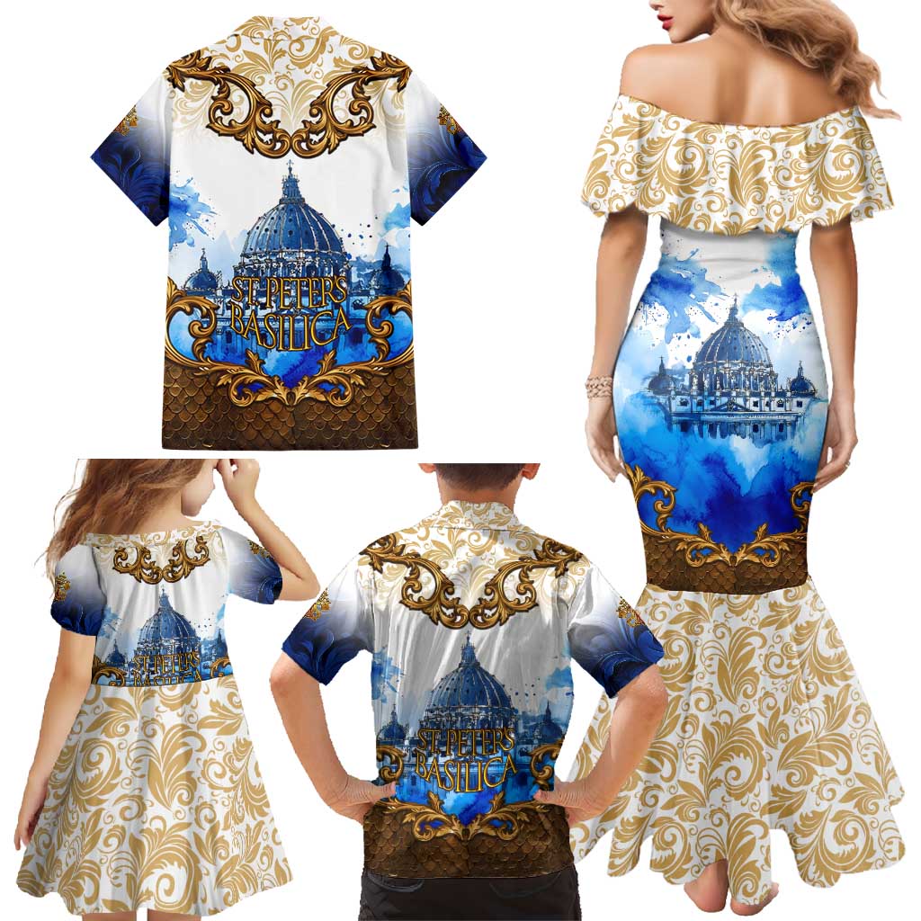 Vatican Baroque Family Matching Mermaid Dress and Hawaiian Shirt St. Peter’s Basilica & Catholic Flag Gold Ornate