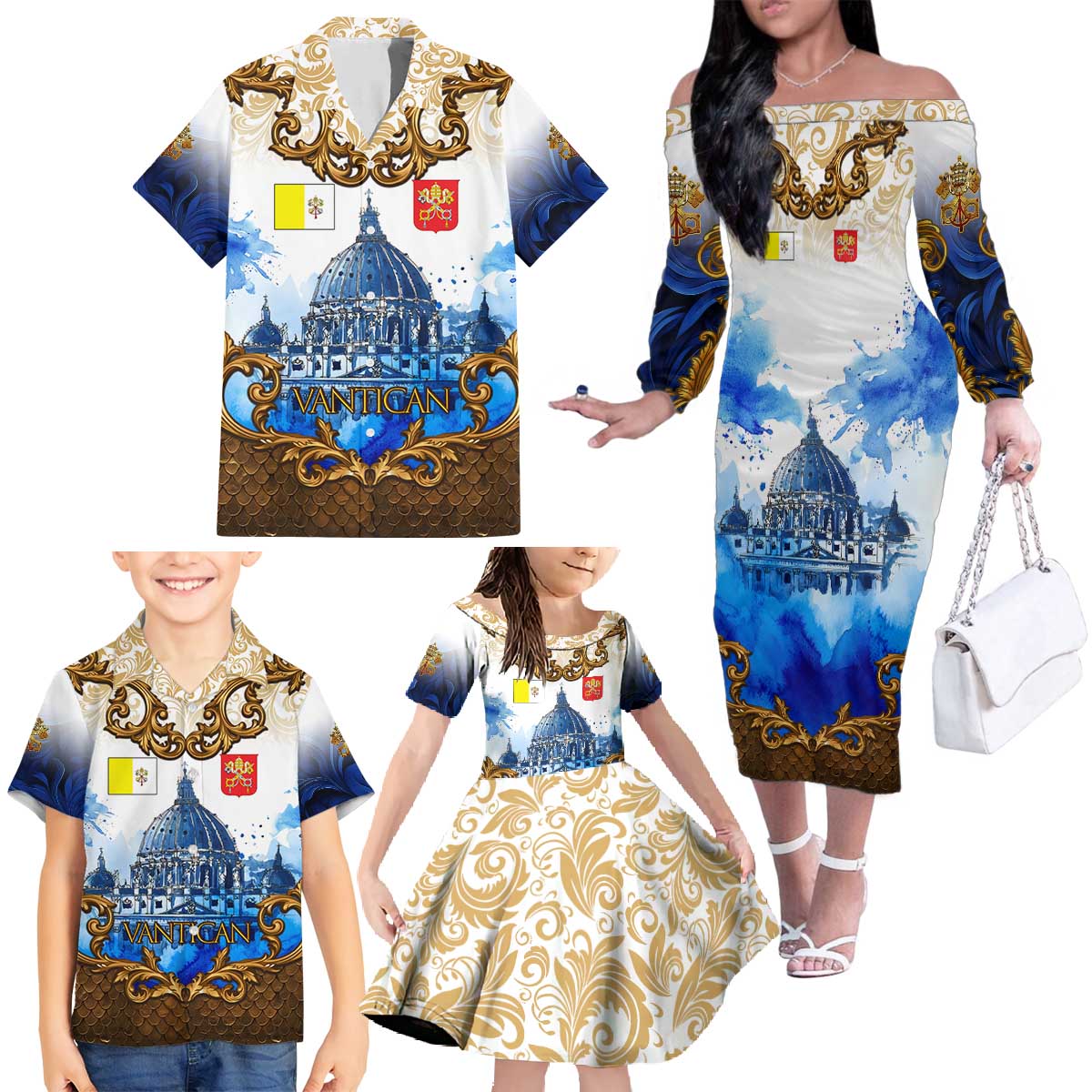 Vatican Baroque Family Matching Off The Shoulder Long Sleeve Dress and Hawaiian Shirt St. Peter’s Basilica & Catholic Flag Gold Ornate