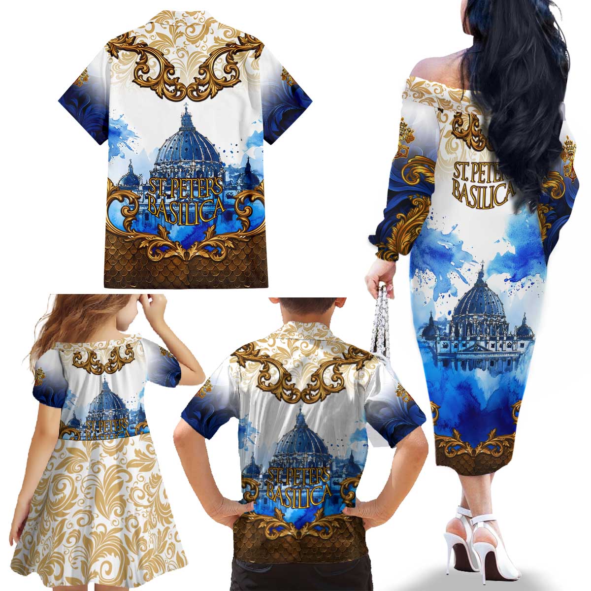 Vatican Baroque Family Matching Off The Shoulder Long Sleeve Dress and Hawaiian Shirt St. Peter’s Basilica & Catholic Flag Gold Ornate