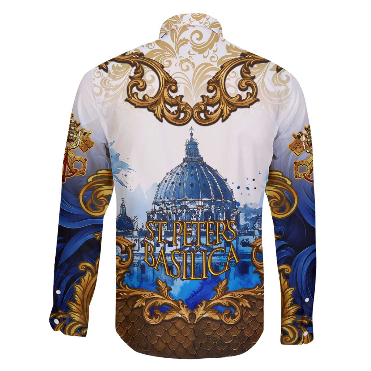 Vatican Baroque Family Matching Off The Shoulder Long Sleeve Dress and Hawaiian Shirt St. Peter’s Basilica & Catholic Flag Gold Ornate