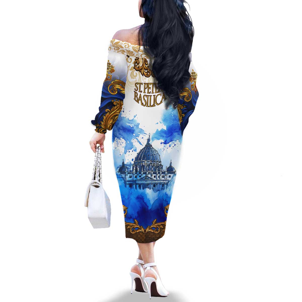 Vatican Baroque Family Matching Off The Shoulder Long Sleeve Dress and Hawaiian Shirt St. Peter’s Basilica & Catholic Flag Gold Ornate