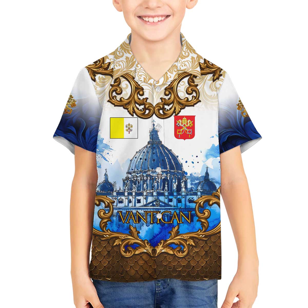 Vatican Baroque Family Matching Off The Shoulder Long Sleeve Dress and Hawaiian Shirt St. Peter’s Basilica & Catholic Flag Gold Ornate