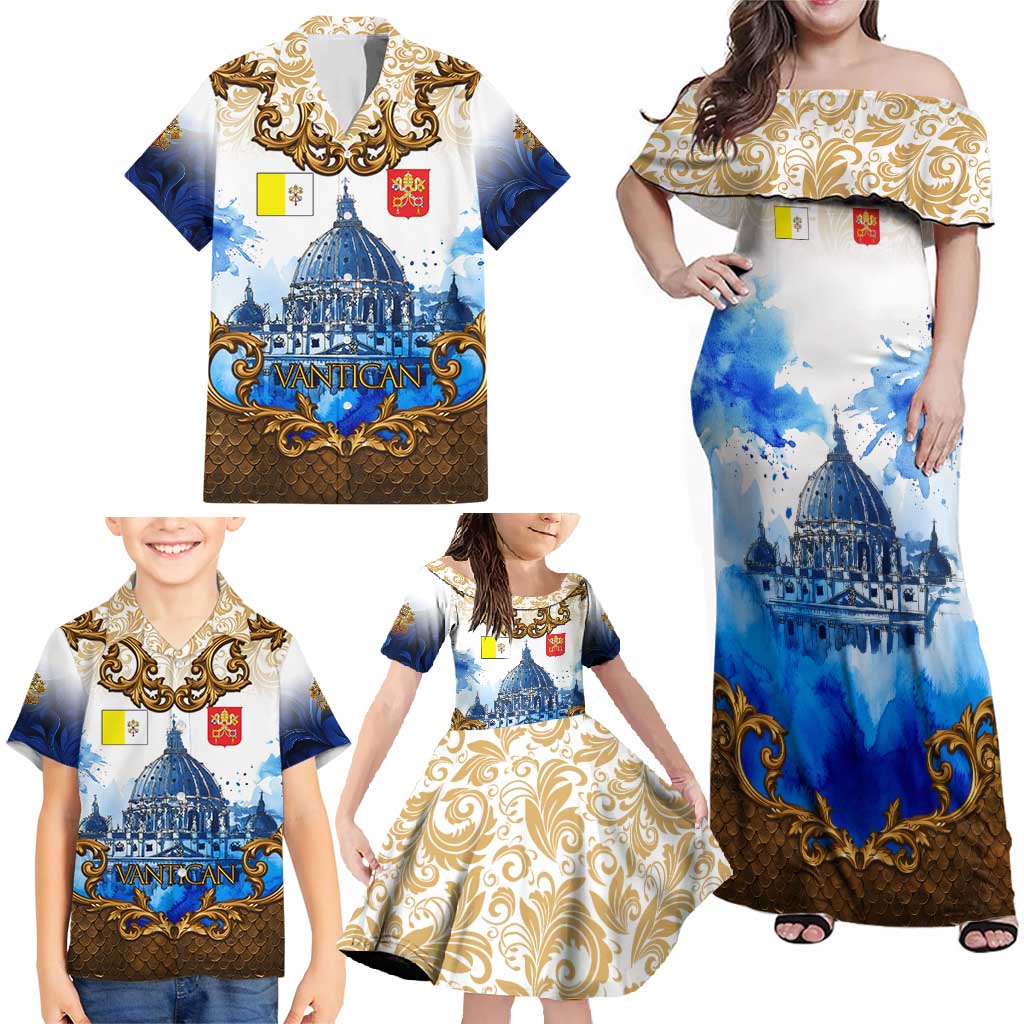 Vatican Baroque Family Matching Off Shoulder Maxi Dress and Hawaiian Shirt St. Peter’s Basilica & Catholic Flag Gold Ornate