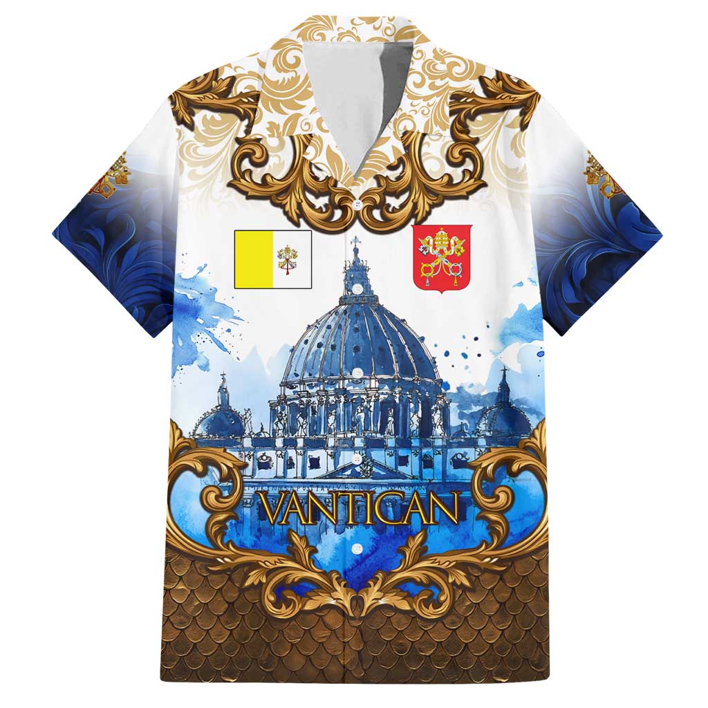 Vatican Baroque Family Matching Off Shoulder Maxi Dress and Hawaiian Shirt St. Peter’s Basilica & Catholic Flag Gold Ornate