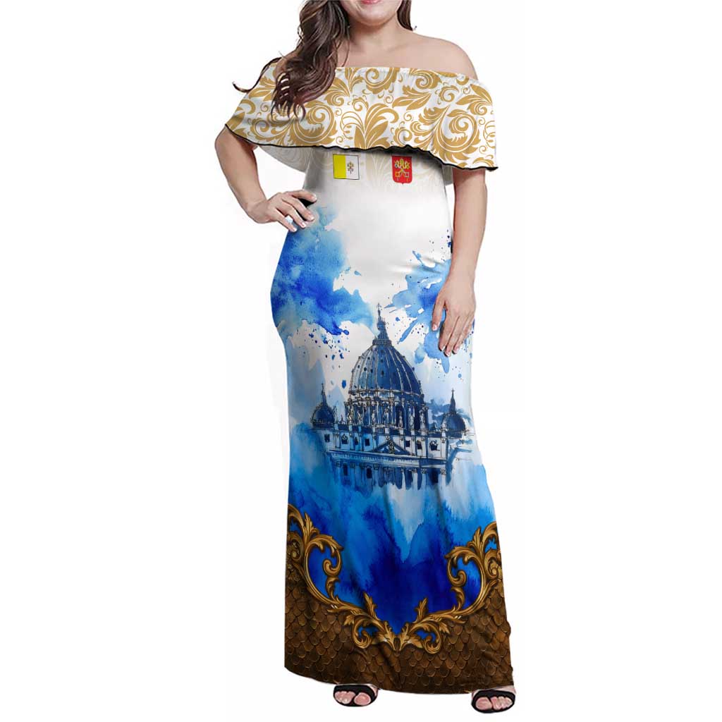 Vatican Baroque Family Matching Off Shoulder Maxi Dress and Hawaiian Shirt St. Peter’s Basilica & Catholic Flag Gold Ornate
