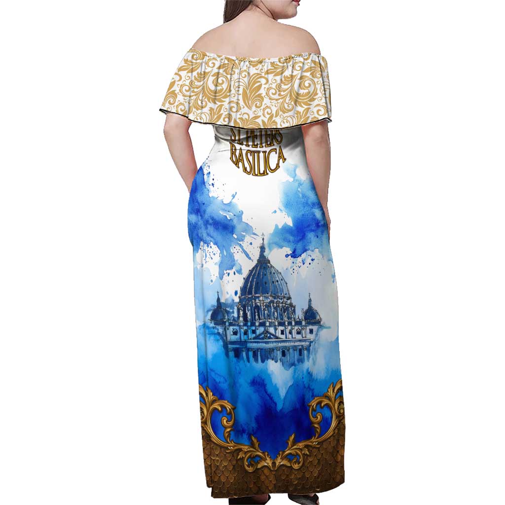 Vatican Baroque Family Matching Off Shoulder Maxi Dress and Hawaiian Shirt St. Peter’s Basilica & Catholic Flag Gold Ornate