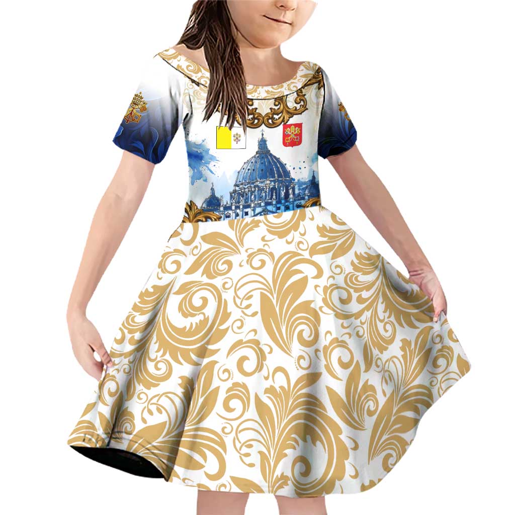 Vatican Baroque Family Matching Off Shoulder Short Dress and Hawaiian Shirt St. Peter’s Basilica & Catholic Flag Gold Ornate