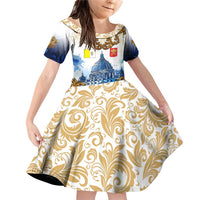 Vatican Baroque Family Matching Off Shoulder Short Dress and Hawaiian Shirt St. Peter’s Basilica & Catholic Flag Gold Ornate